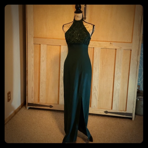Hunter green halter floor length gown - Picture 1 of 7